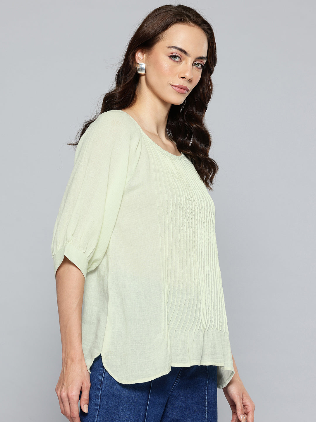 Puff Sleeve Green Cotton Top