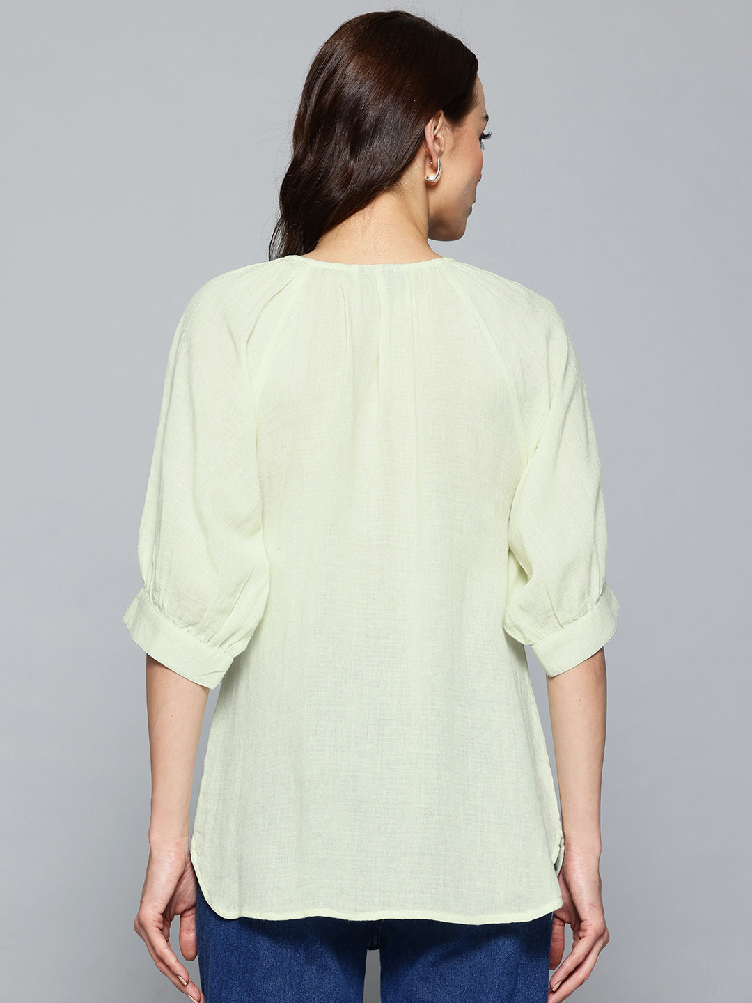 Puff Sleeve Green Cotton Top