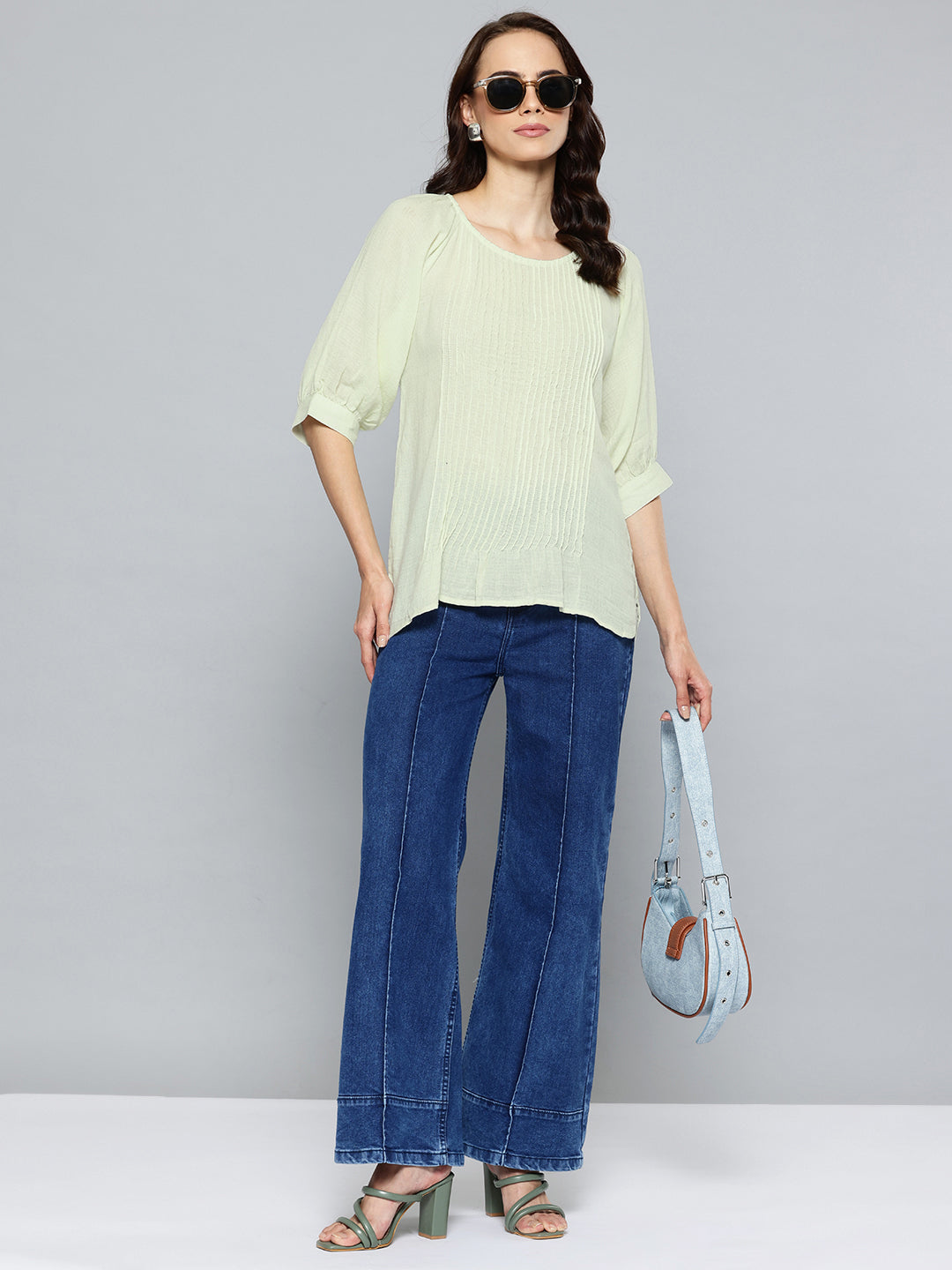 Puff Sleeve Green Cotton Top