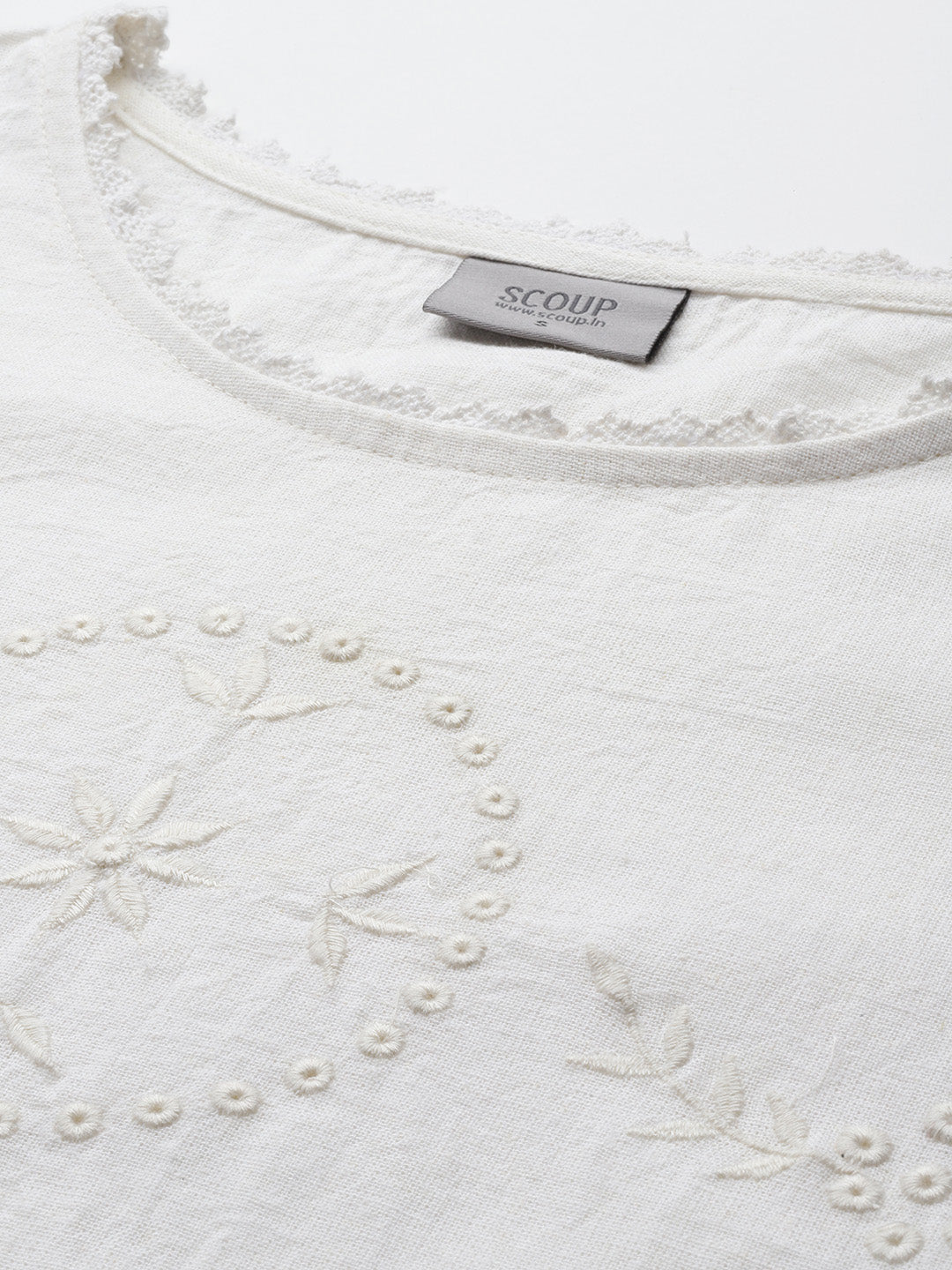 Off white Schiffli Embroidered Cotton Linen Top