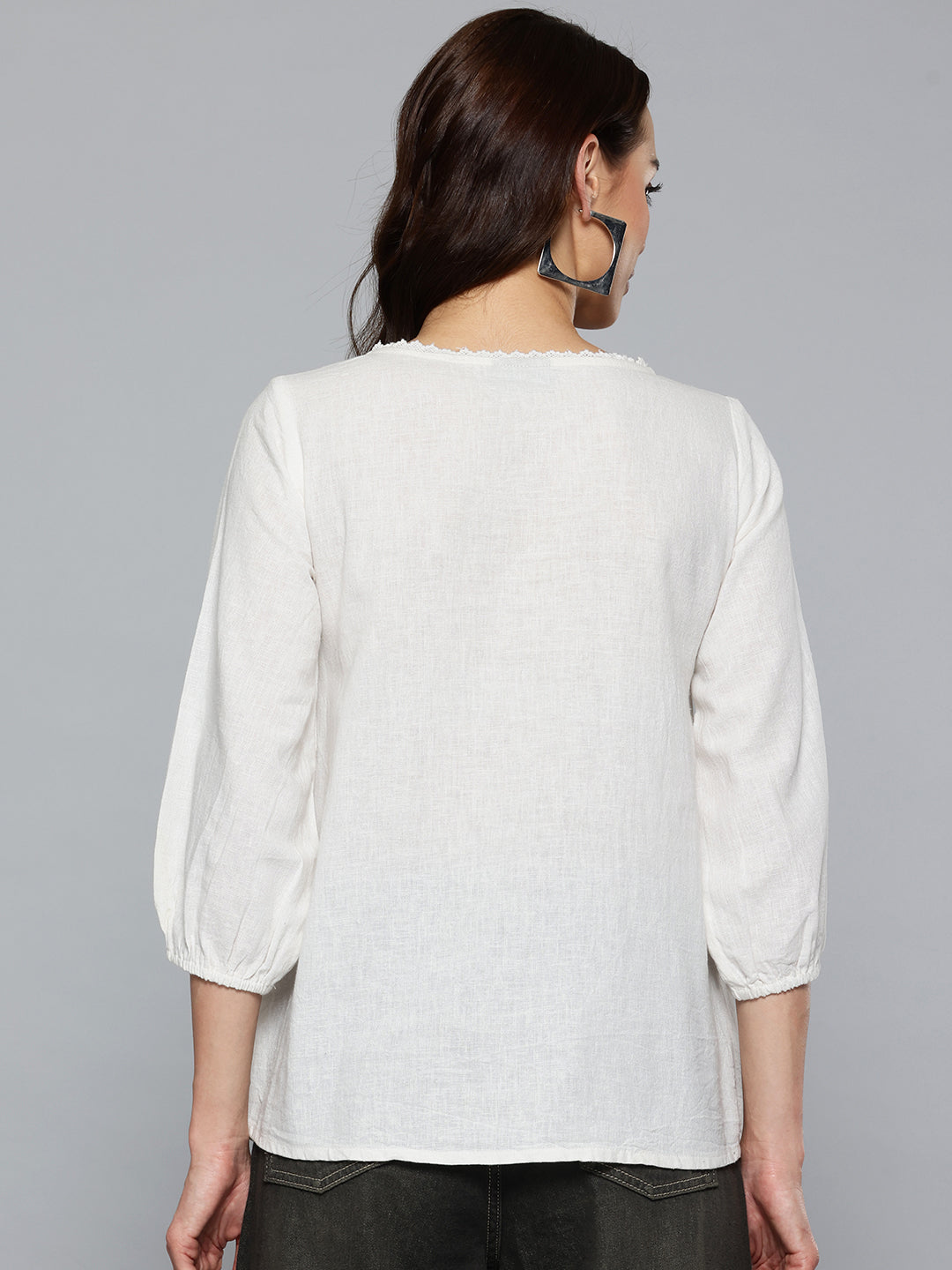 Off white Schiffli Embroidered Cotton Linen Top