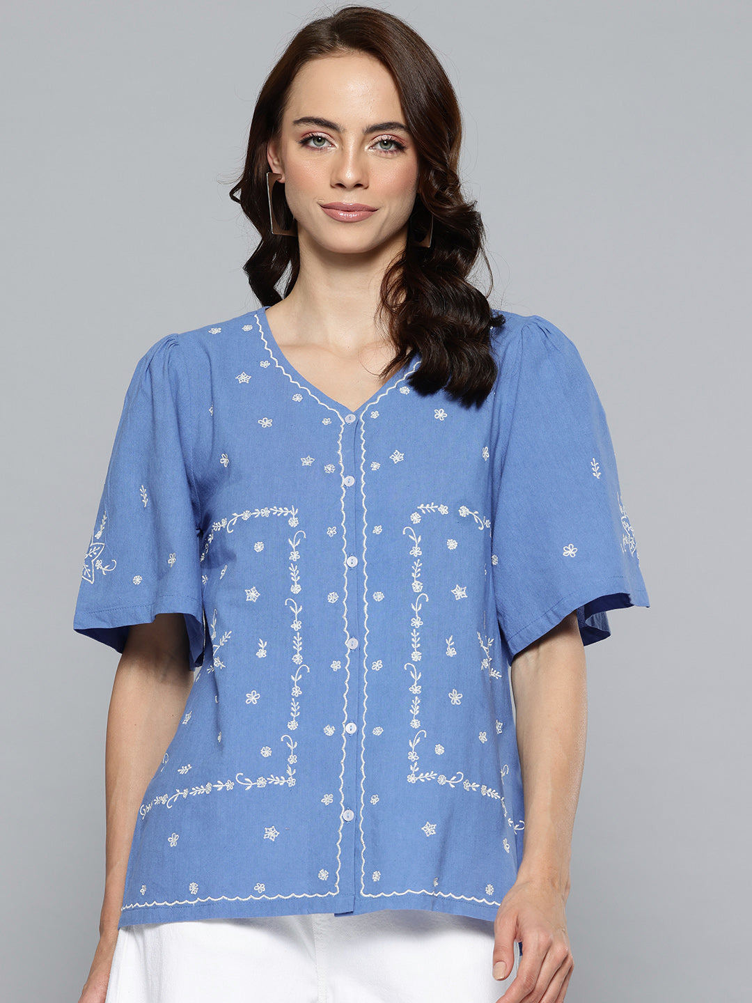 Blue Embroidered cotton top