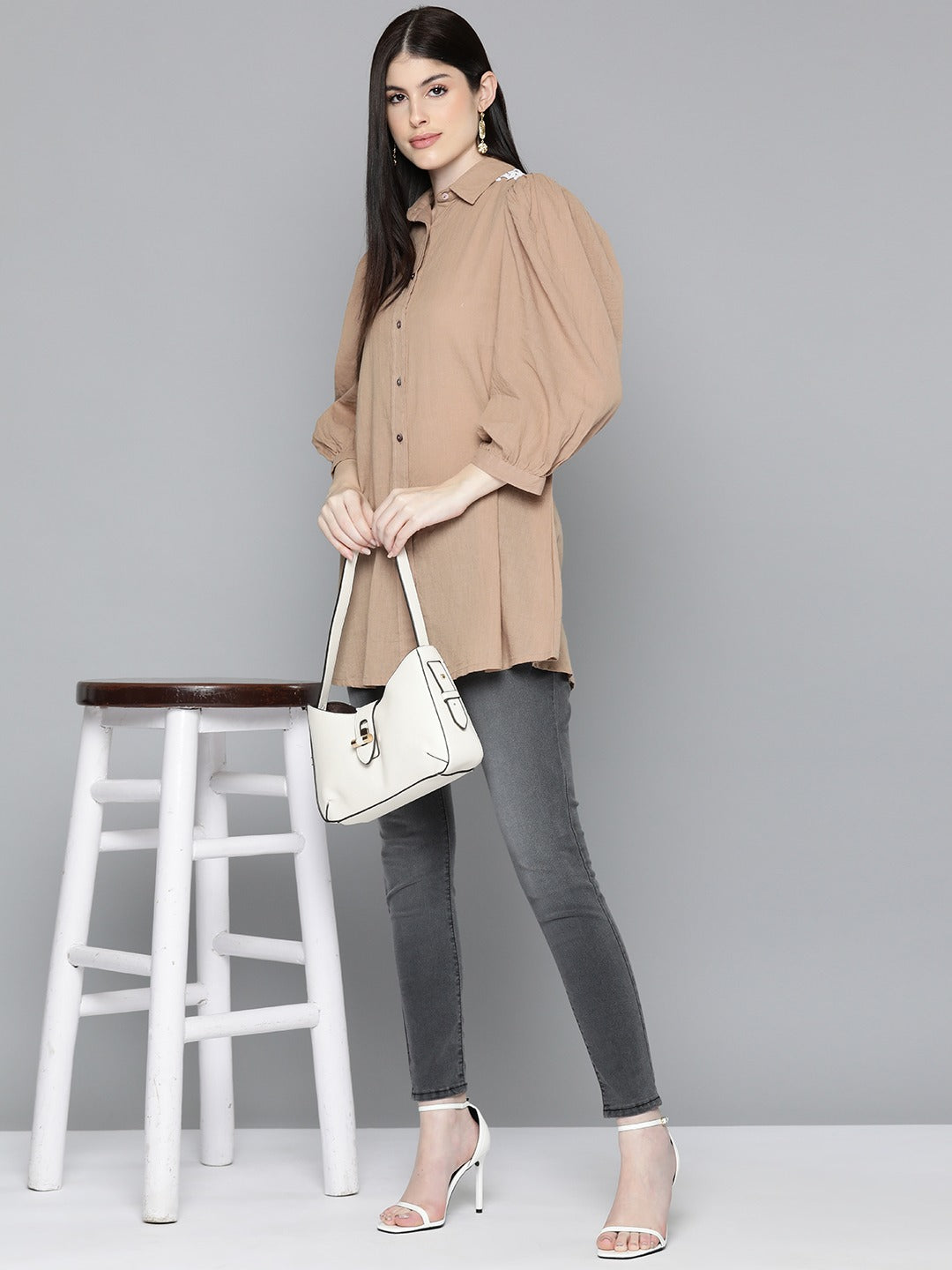 Brown Solid Shirt Tunic With Lace Insert