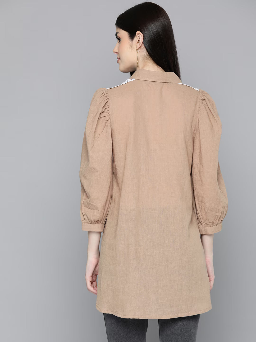 Brown Solid Shirt Tunic With Lace Insert