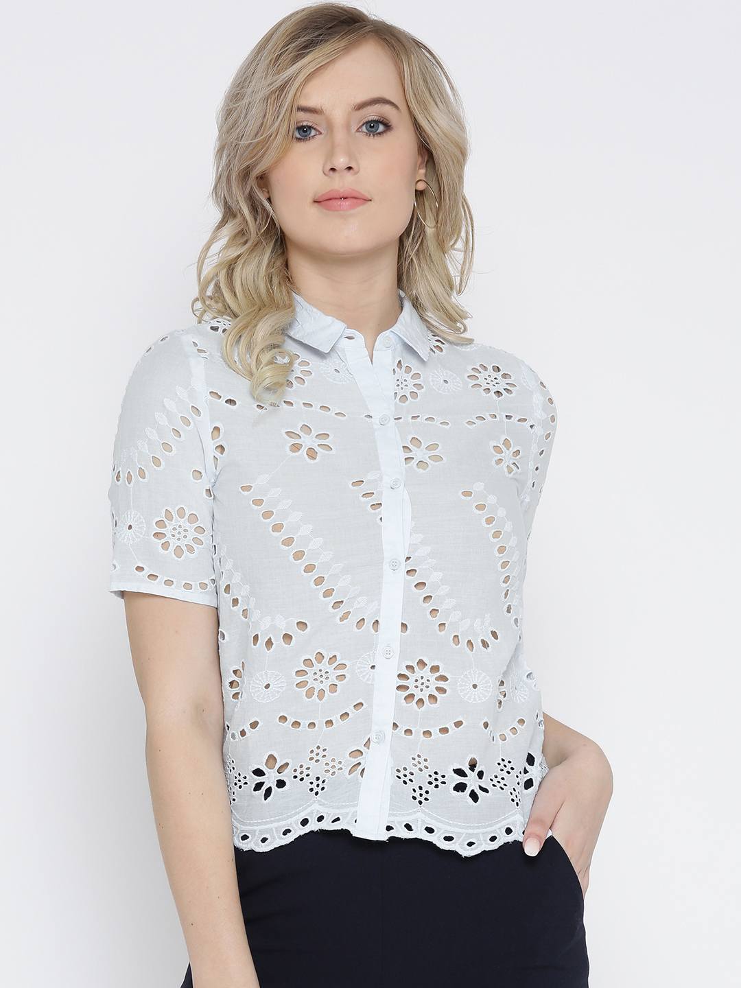 Schiffli off sleeve shirt