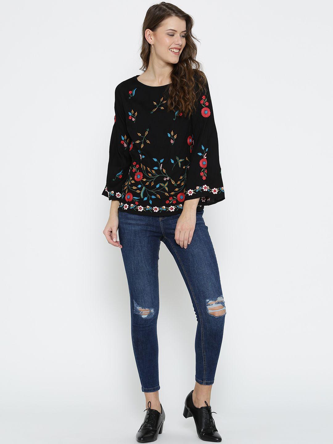 Women Black Embroidered A-Line Top