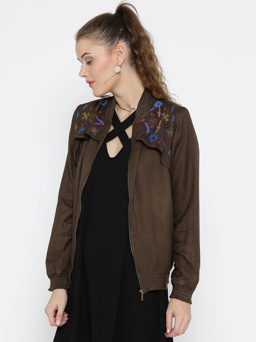 Scoup Brown yoke embroidered bomber jacket