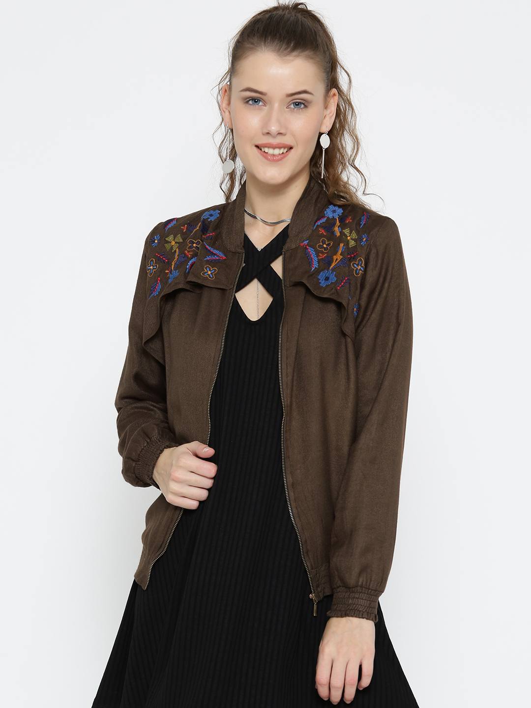 Scoup Brown yoke embroidered bomber jacket