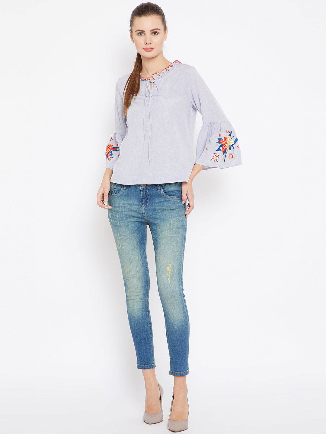 Scoup Blue Solid A-Line EmbroideredTop