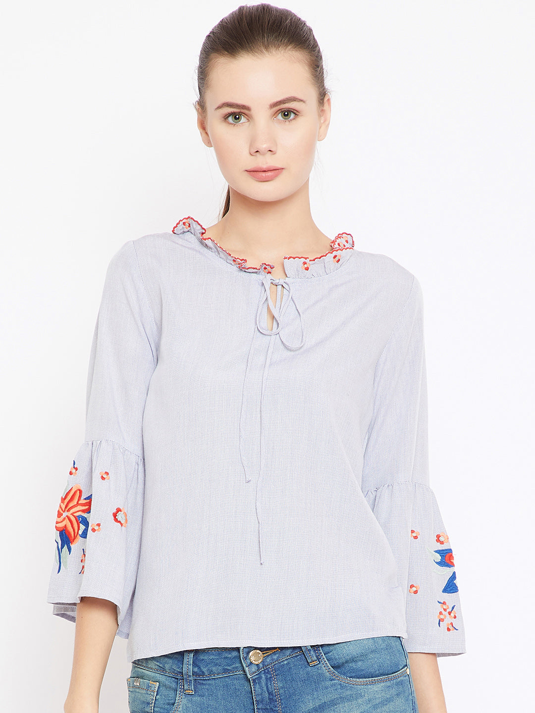 Scoup Blue Solid A-Line EmbroideredTop
