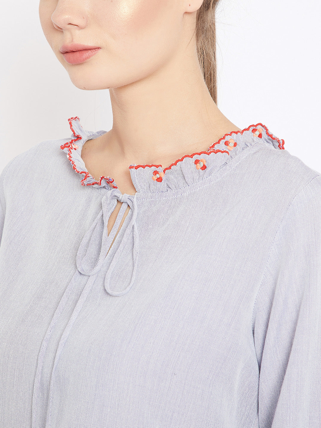 Scoup Blue Solid A-Line EmbroideredTop