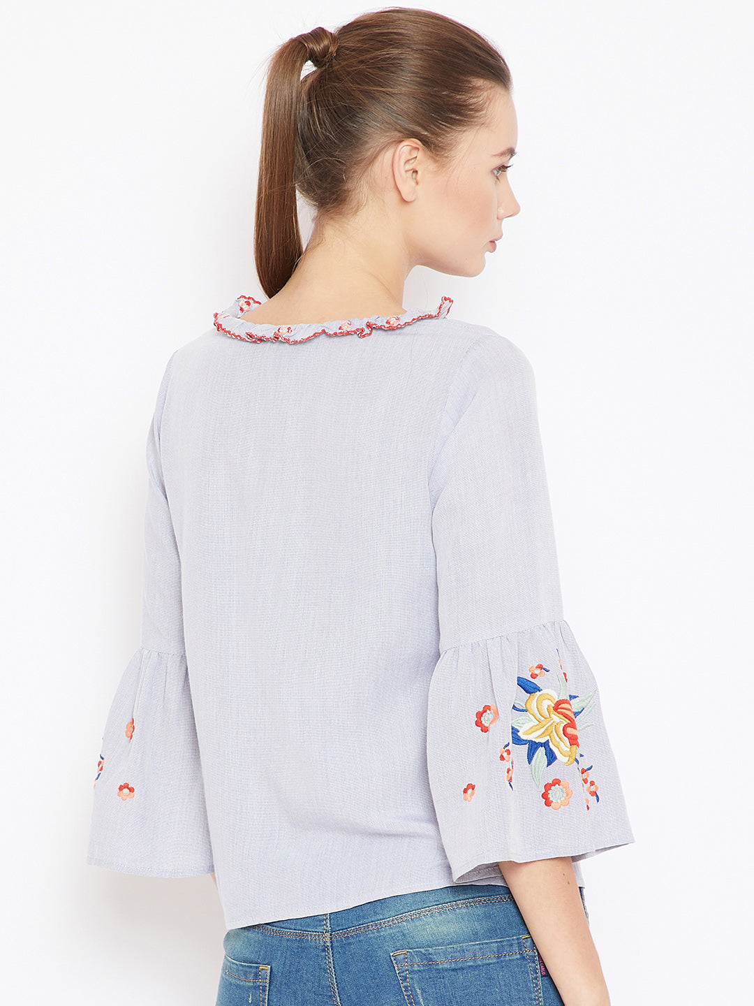 Scoup Blue Solid A-Line EmbroideredTop
