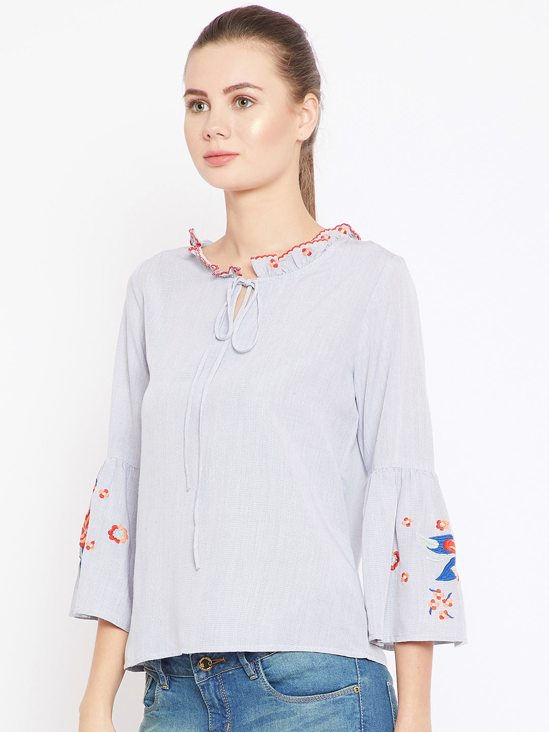 Scoup Blue Solid A-Line EmbroideredTop