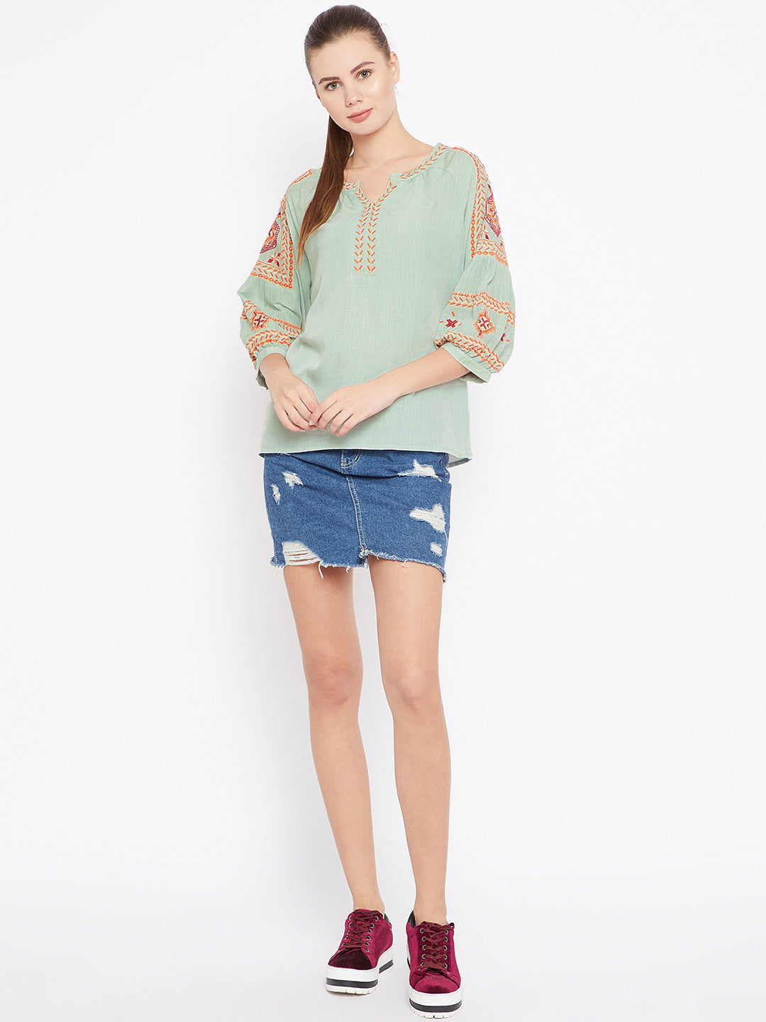 Scoup Sea Green Embroidered Top