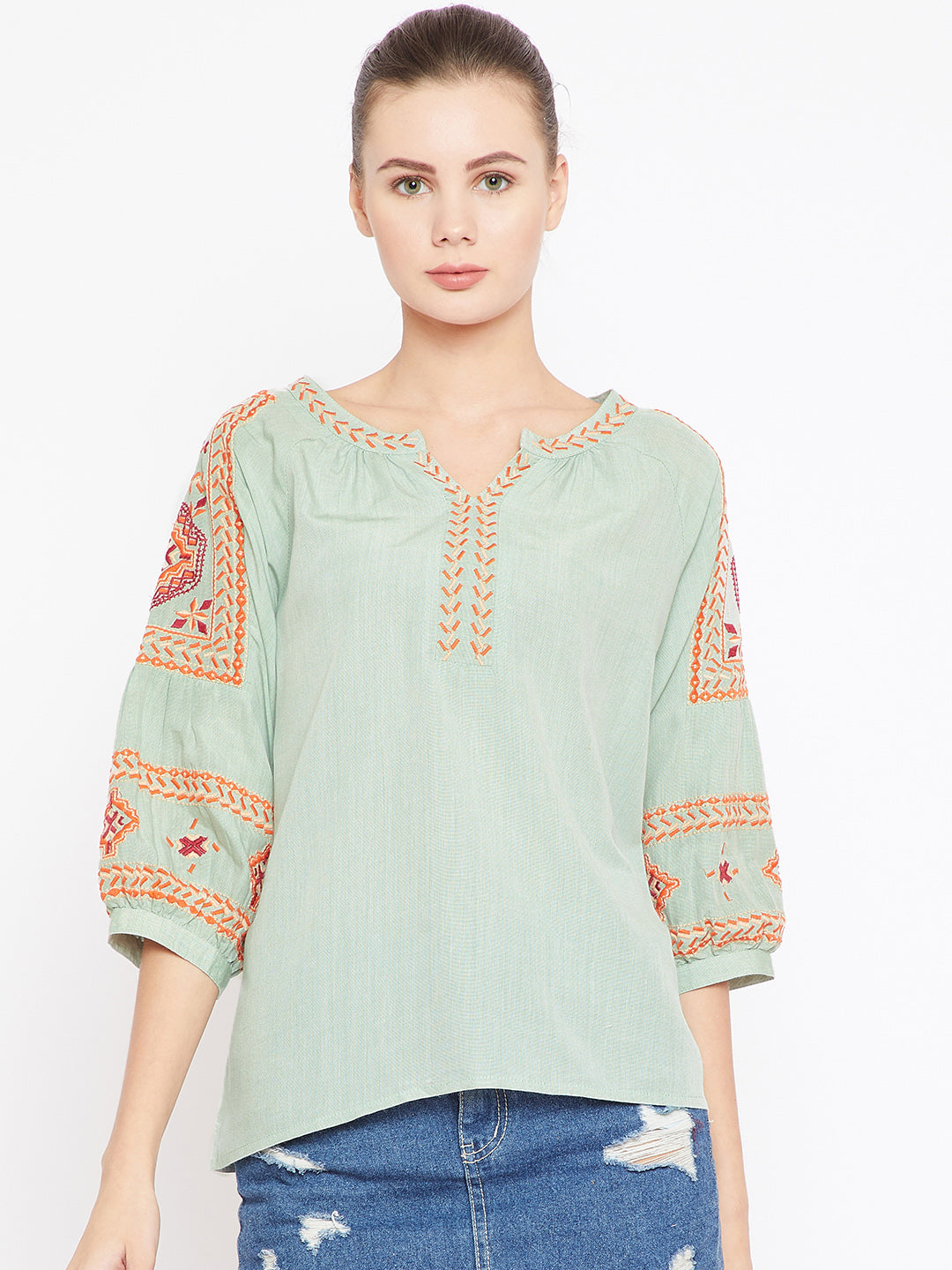 Scoup Sea Green Embroidered Top