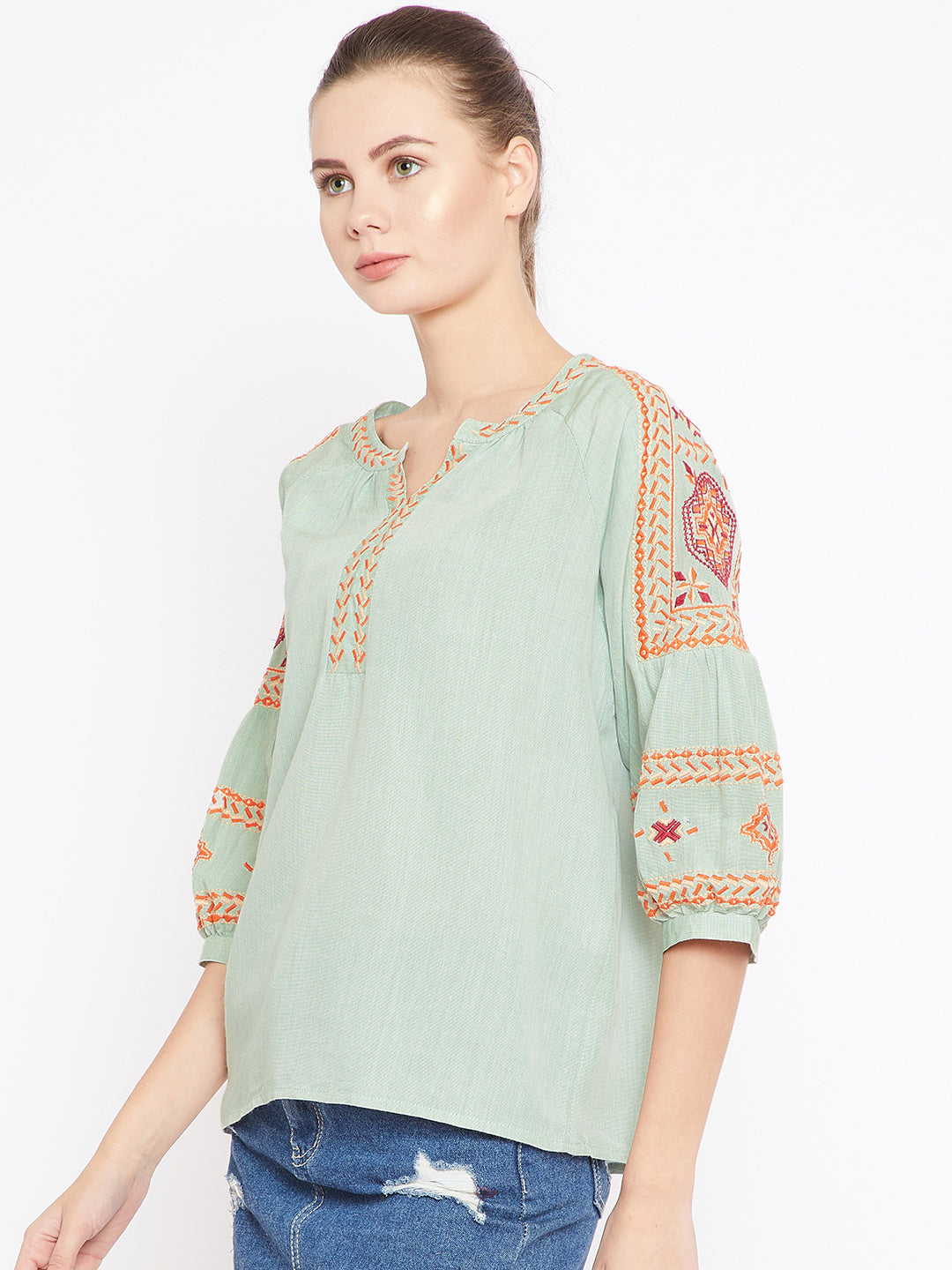 Scoup Sea Green Embroidered Top