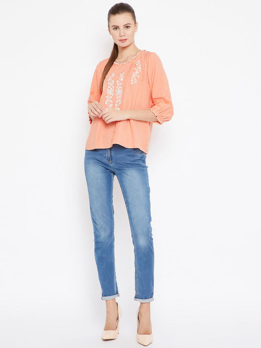 Cotton Linen Peach Embroidered & Pleat Detail Top