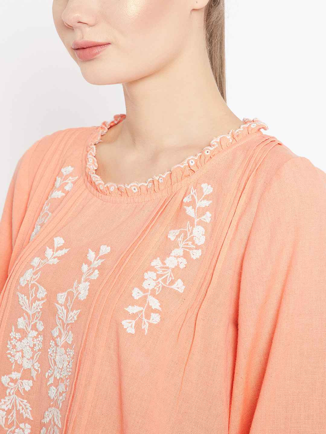 Cotton Linen Peach Embroidered & Pleat Detail Top