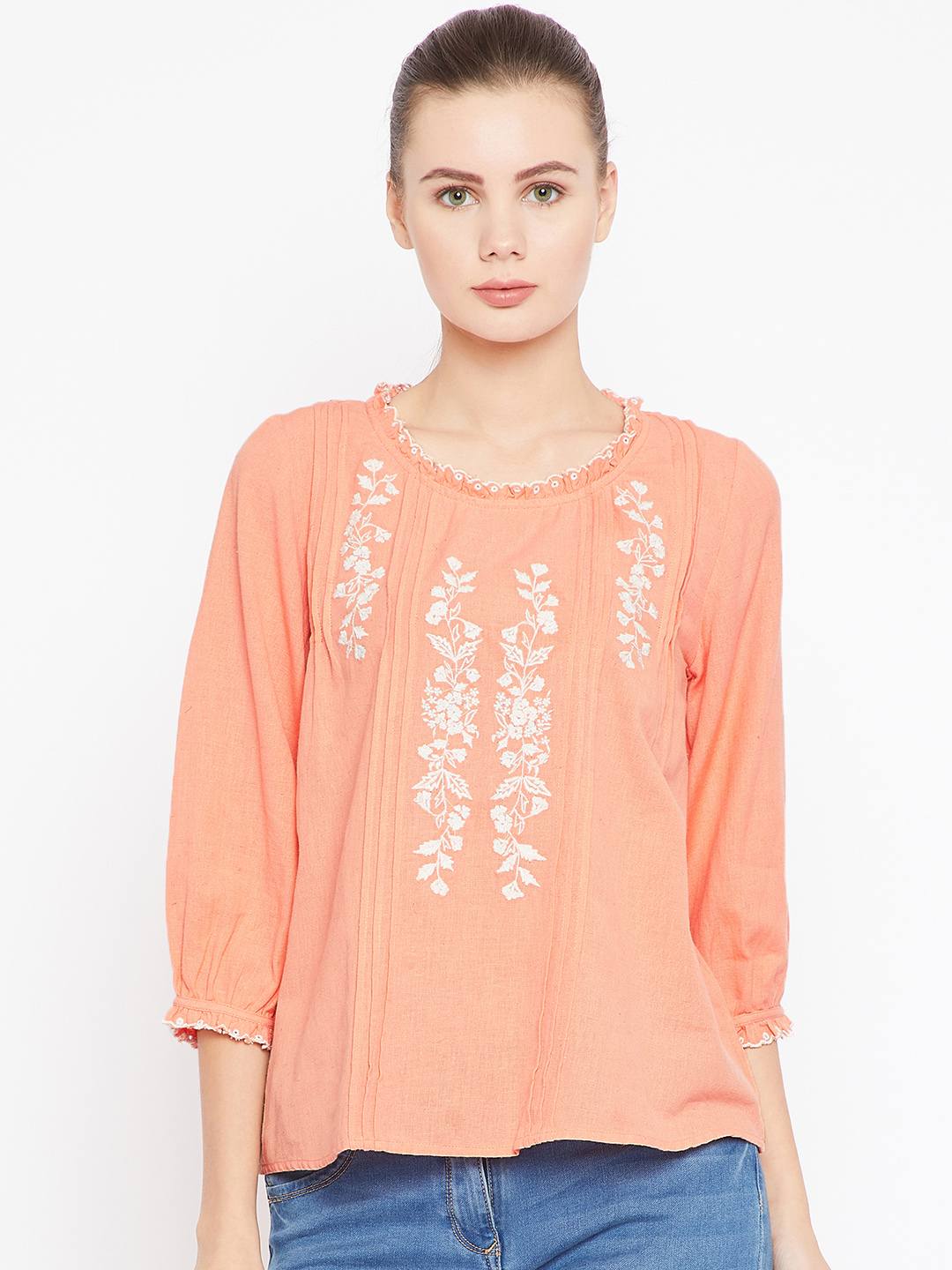 Cotton Linen Peach Embroidered & Pleat Detail Top