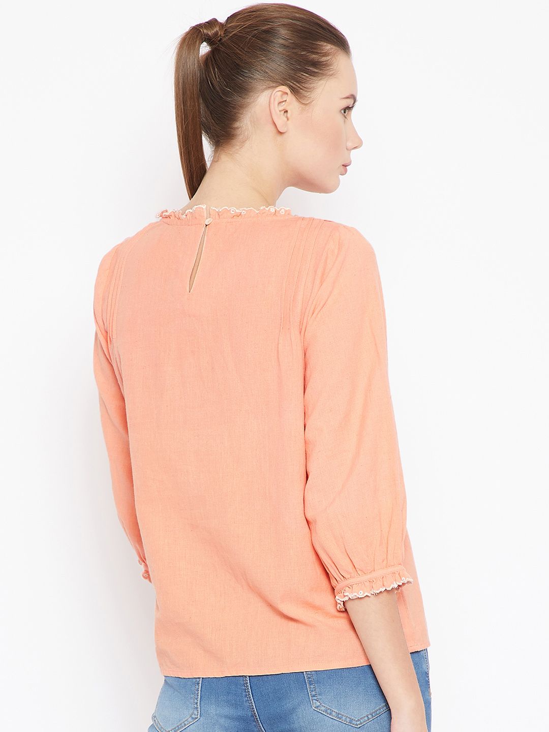 Cotton Linen Peach Embroidered & Pleat Detail Top