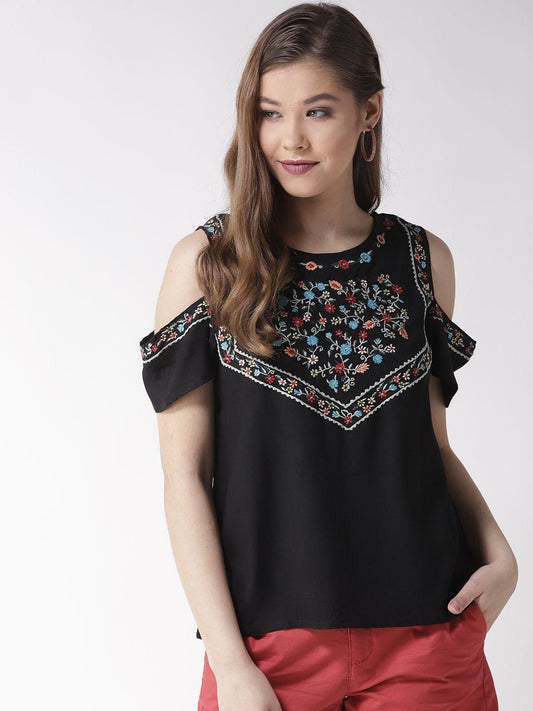 Floral Embroidered Black Top