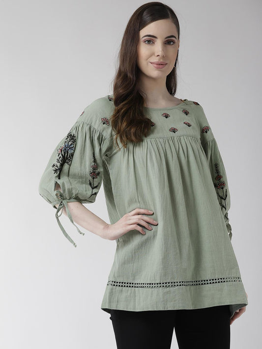 Mint Green Embroidered A-line Top