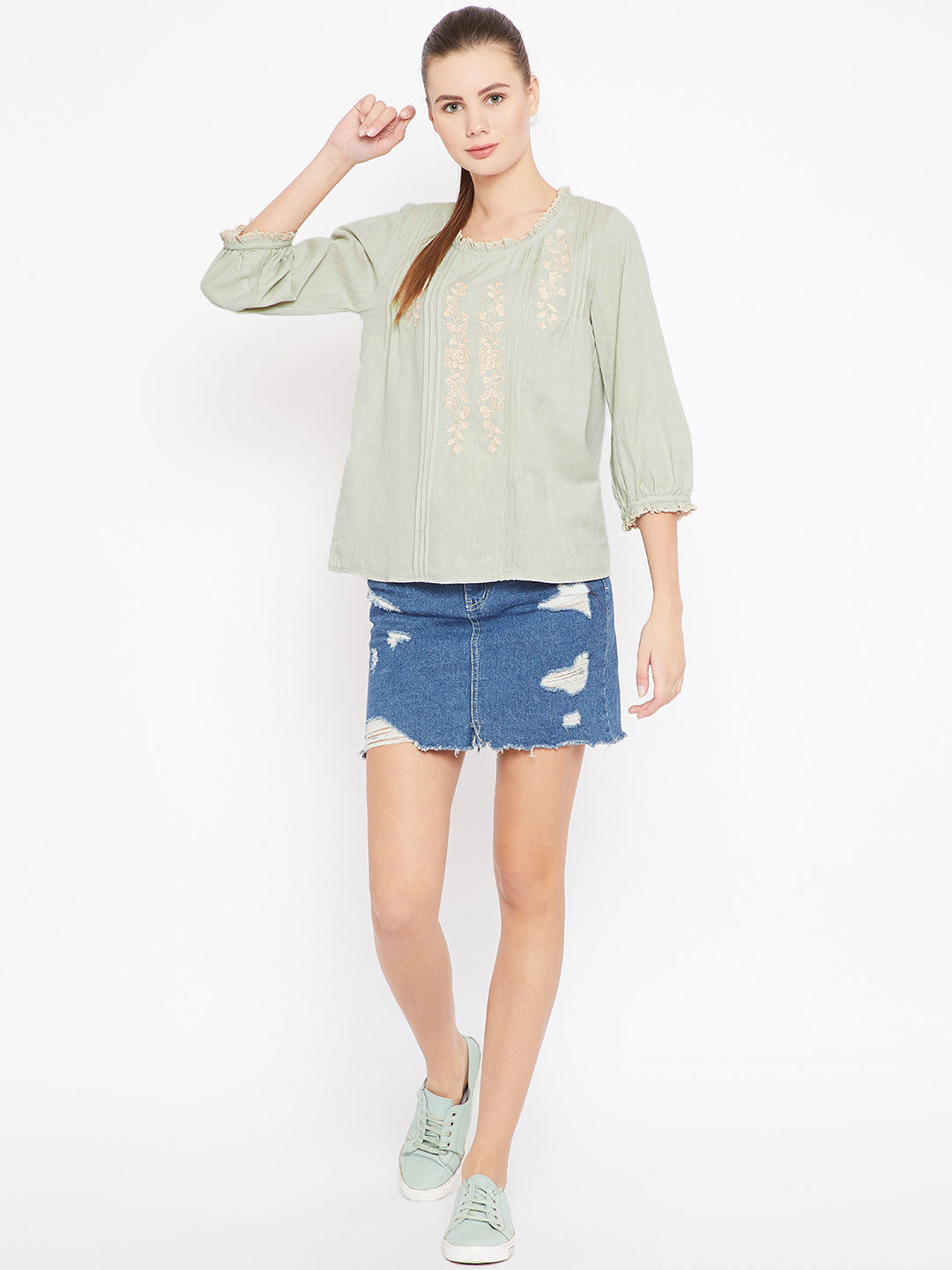 Scoup Sea Green Embroidered Detail A-Line Top