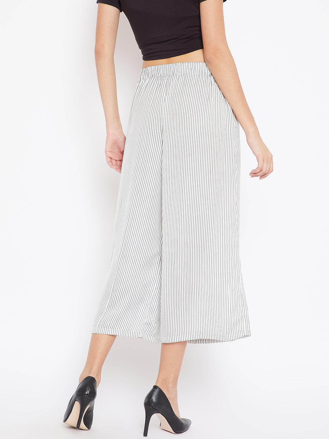 Scoup Women White & Charcoal Grey Regular Fit Striped Culottes