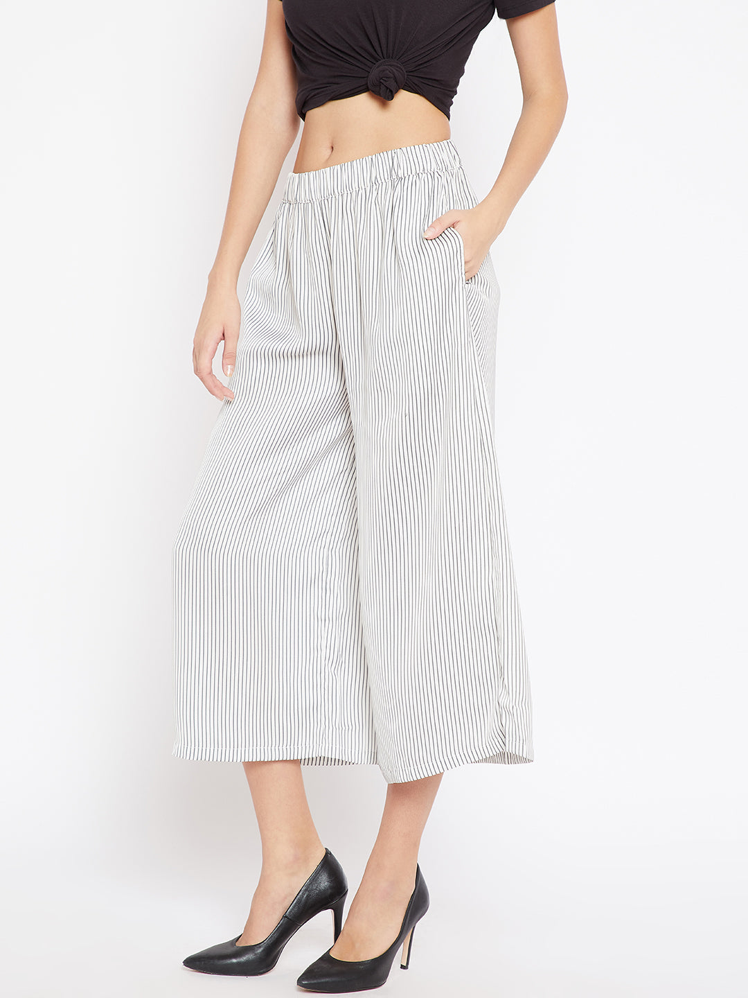 Scoup Women White & Charcoal Grey Regular Fit Striped Culottes