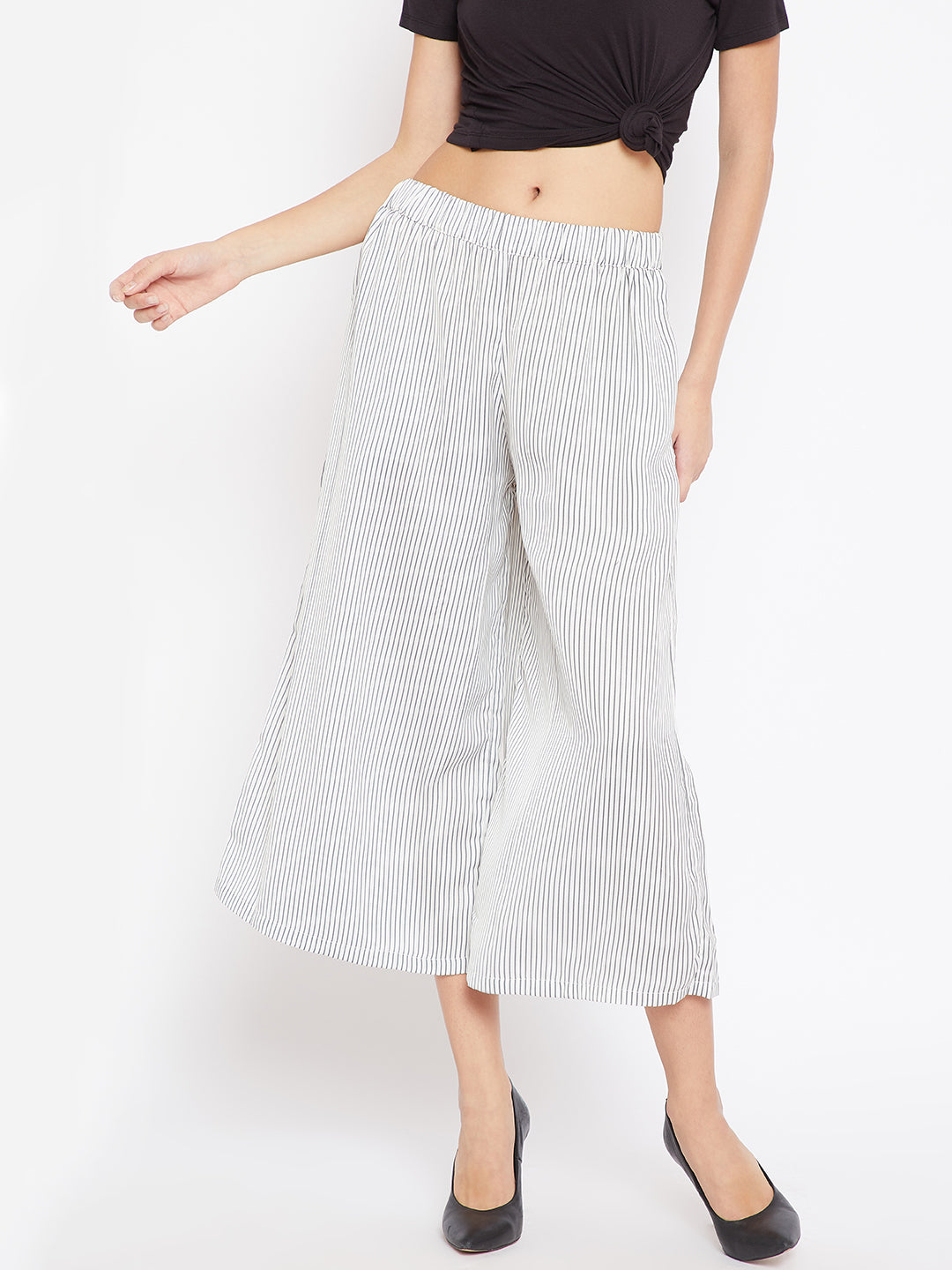 Scoup Women White & Charcoal Grey Regular Fit Striped Culottes