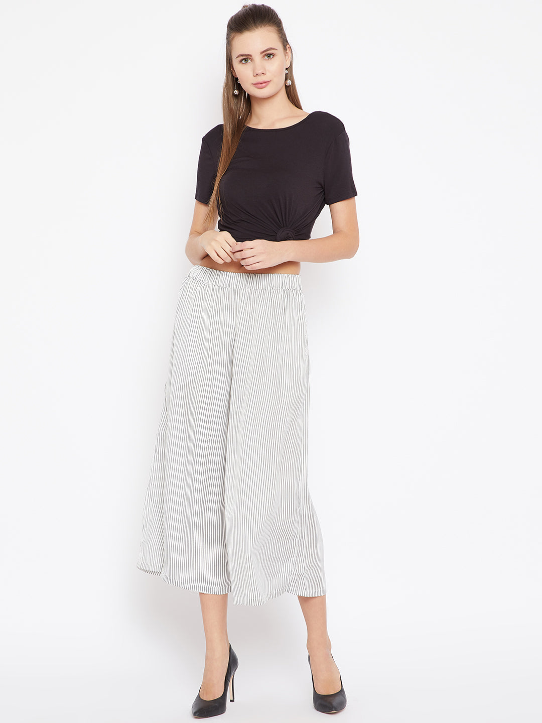 Scoup Women White & Charcoal Grey Regular Fit Striped Culottes