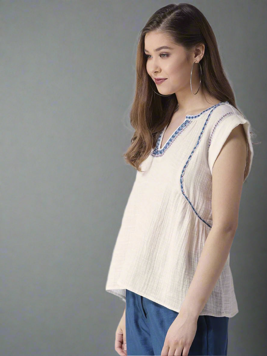 Cotton Gauze Embroidered Boxy Top