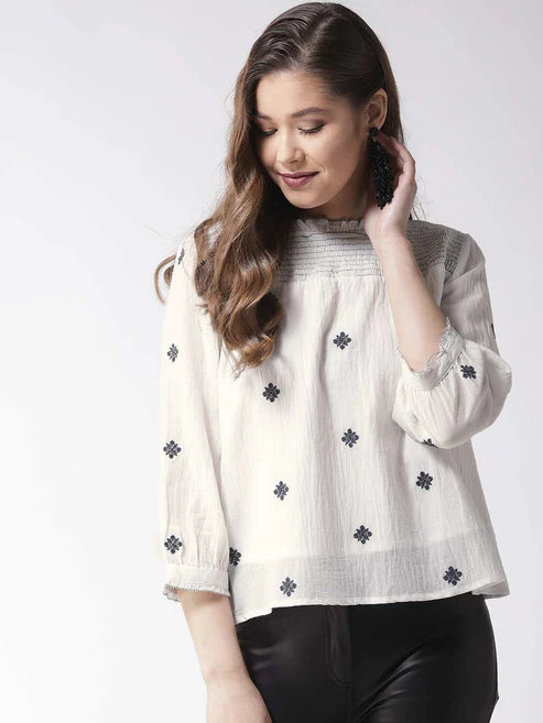 Scoup Combo of White Top and Embroidered Top