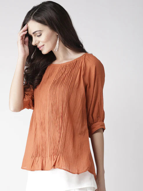 Scoup Combo of Green Dress & Rust Pintuck Top