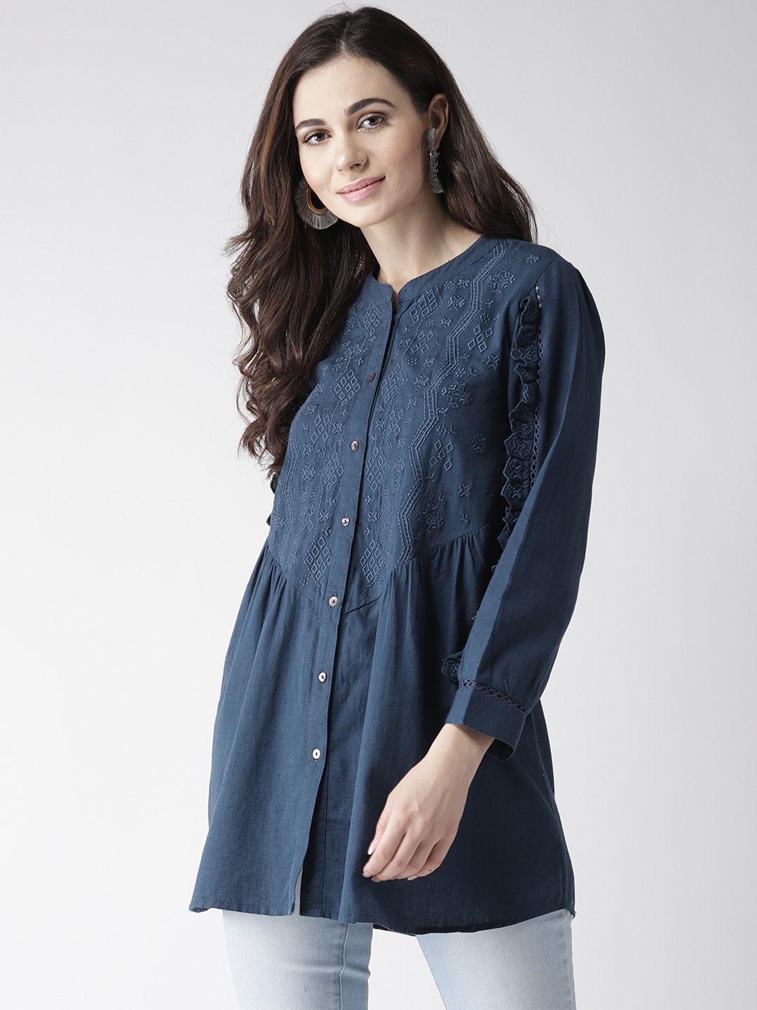 Navy Blue Embroidered Tunic Top with Frill Detail on Sleeves