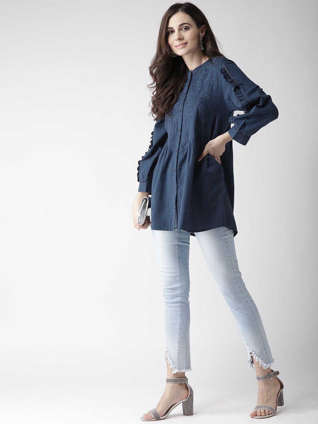 Navy Blue Embroidered Tunic Top with Frill Detail on Sleeves
