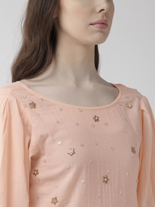 Scoup Peach-Coloured Embellished Styled Back Top