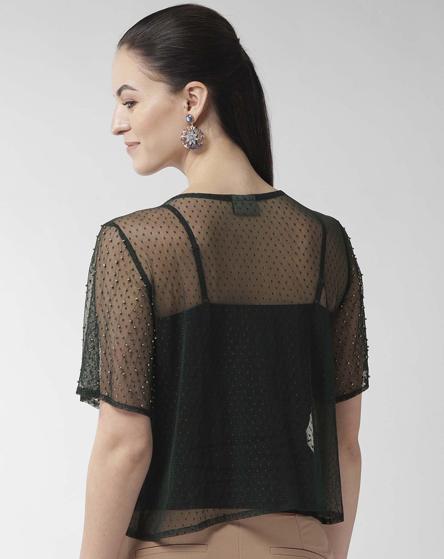 Green Net Embellished Short Top