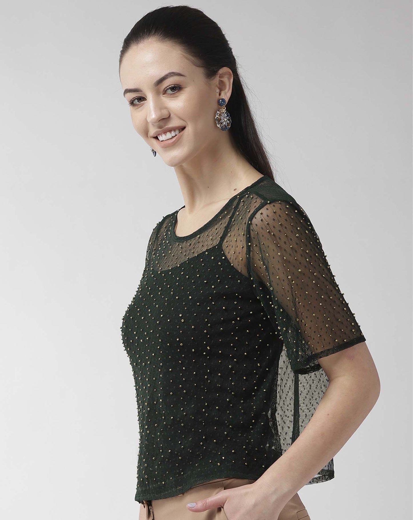 Green Net Embellished Short Top