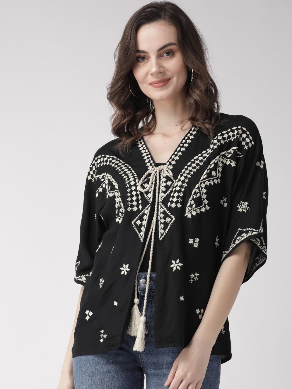 Scoup Black & Off-White Embroidered Tie-Up Shrug