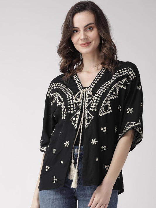 Scoup Black & Off-White Embroidered Tie-Up Shrug