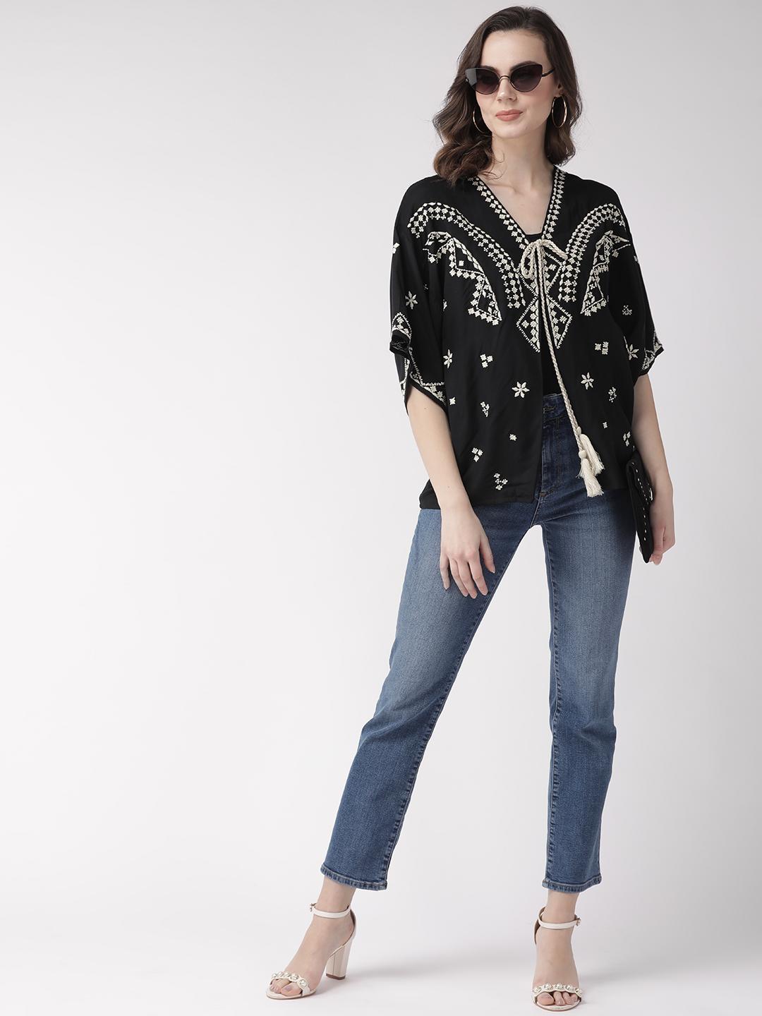 Scoup Black & Off-White Embroidered Tie-Up Shrug