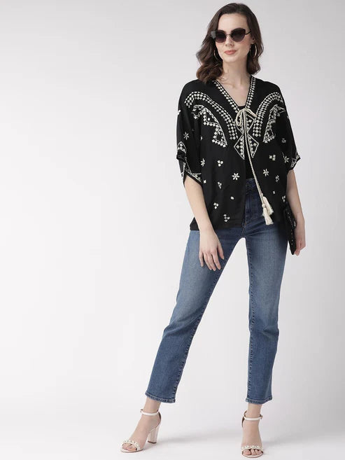 Scoup Combo of Tie-Up Shrug and Orange Embroidered Top