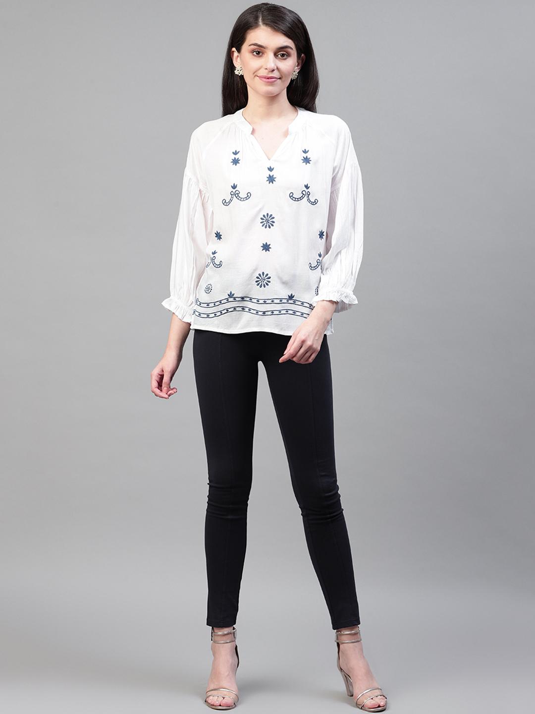White viscose dobby embroidered top