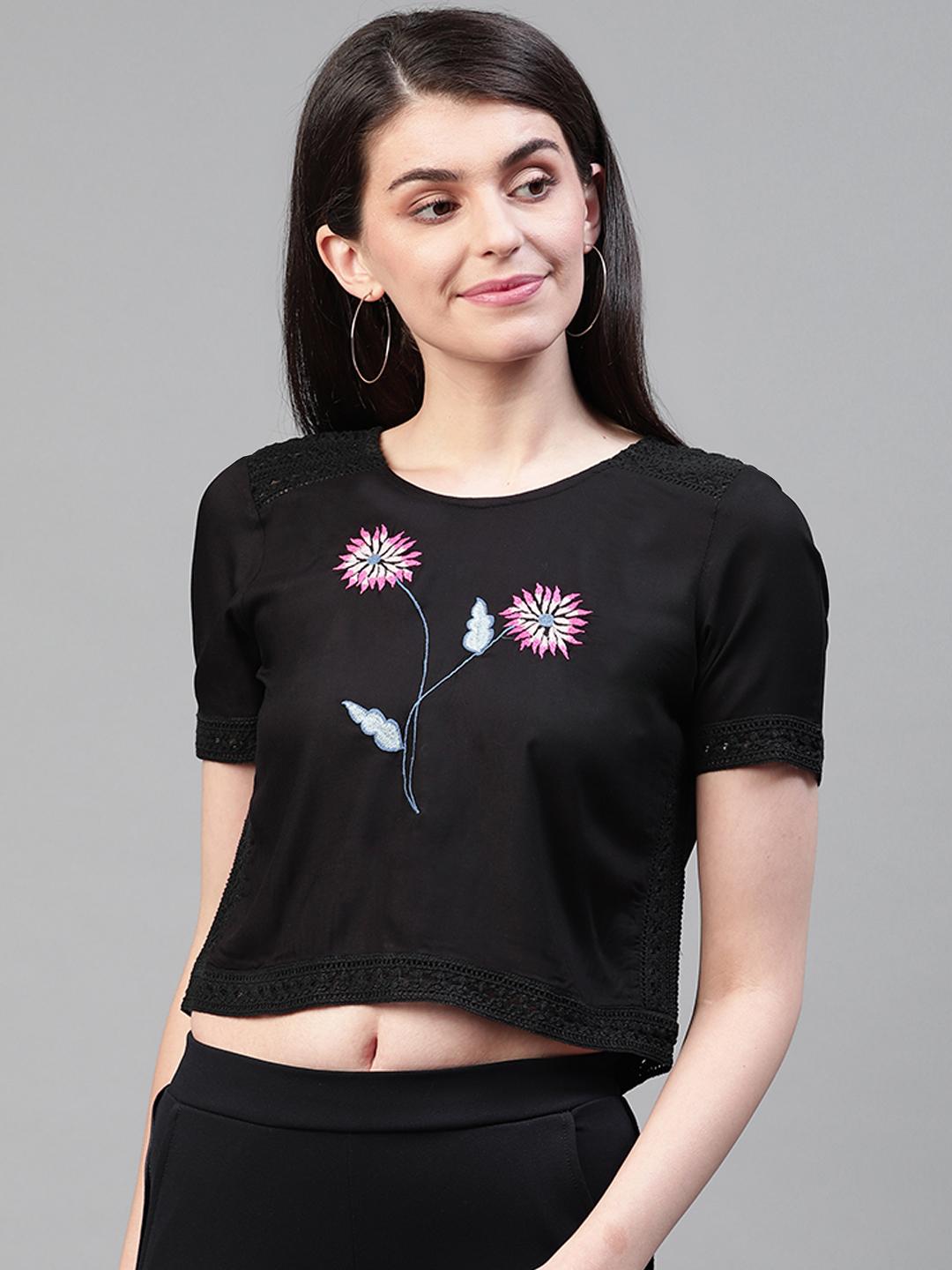 Black & Pink Floral Embroidery Top
