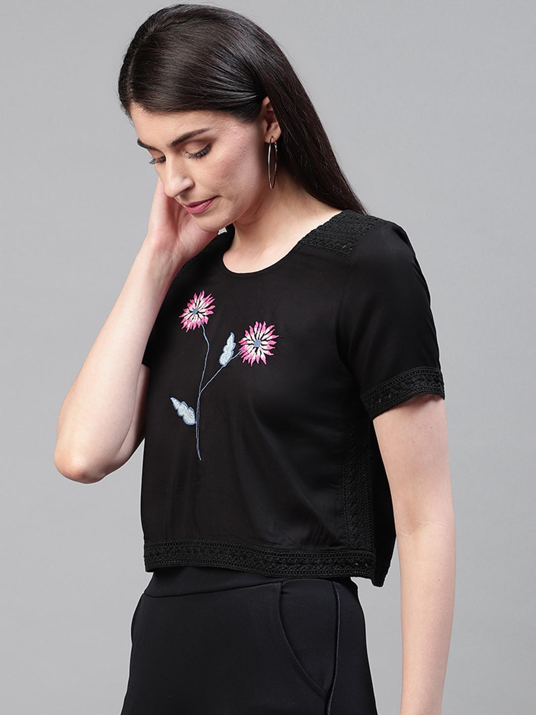 Black & Pink Floral Embroidery Top