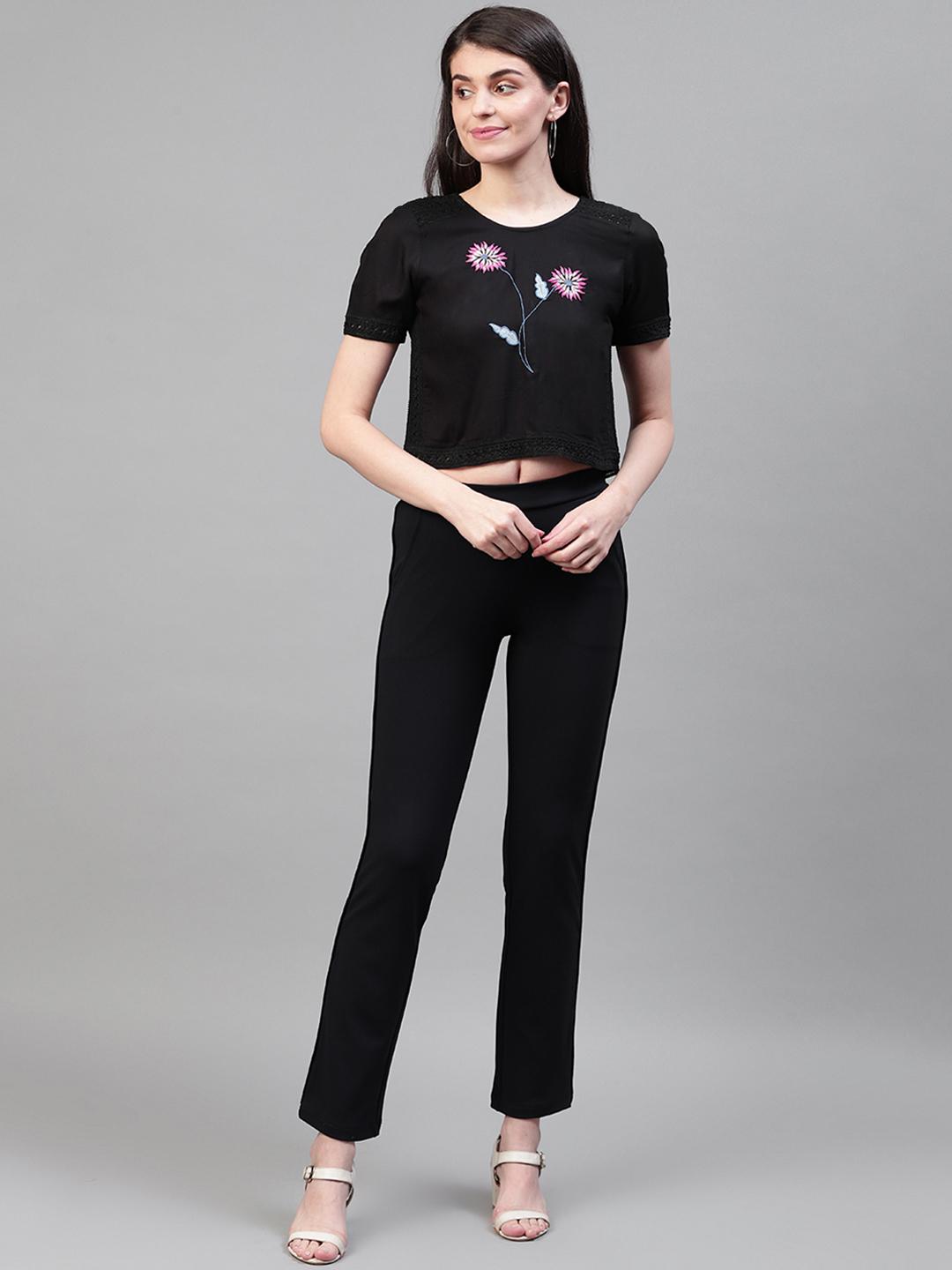 Black & Pink Floral Embroidery Top