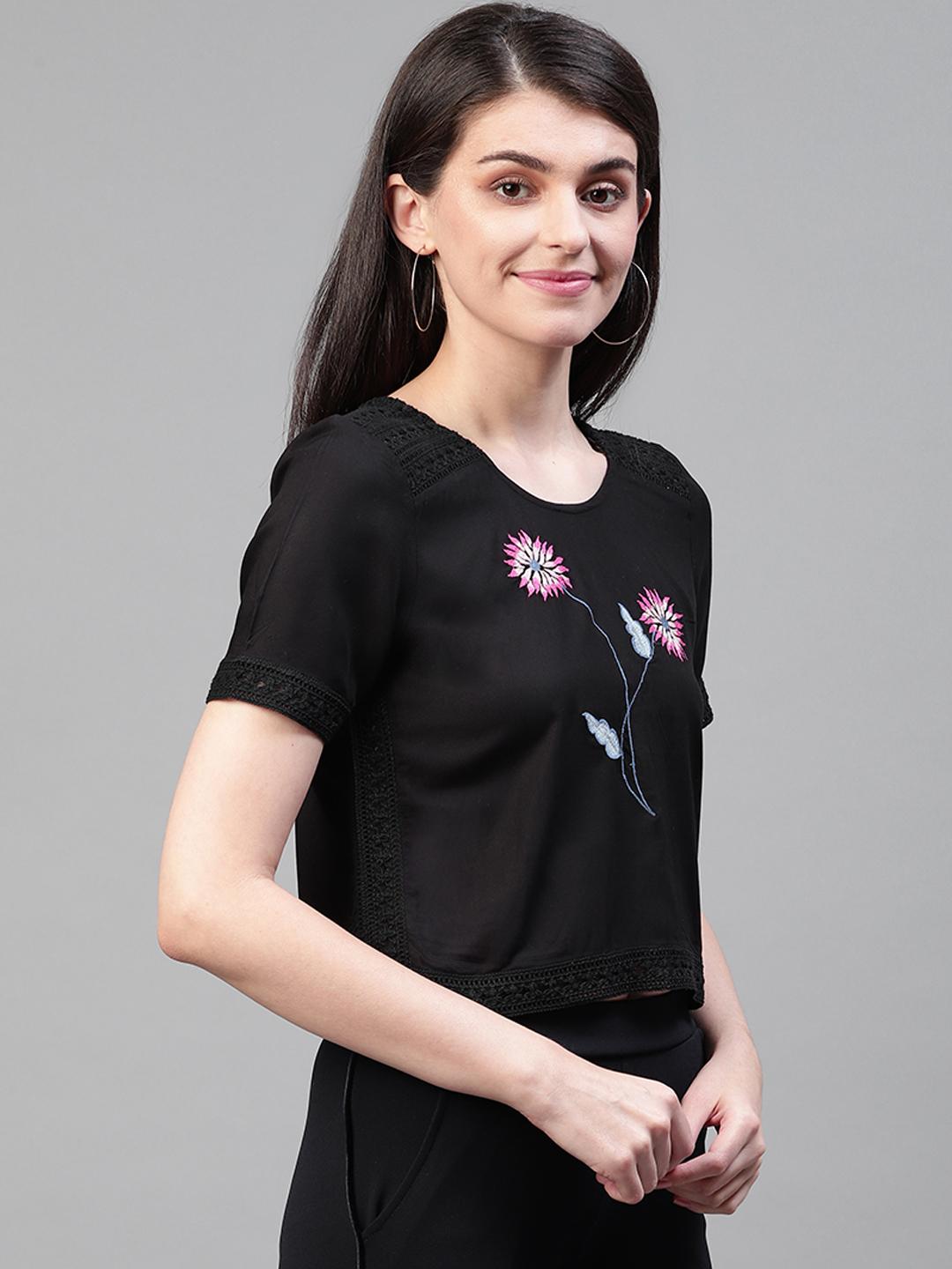Black & Pink Floral Embroidery Top