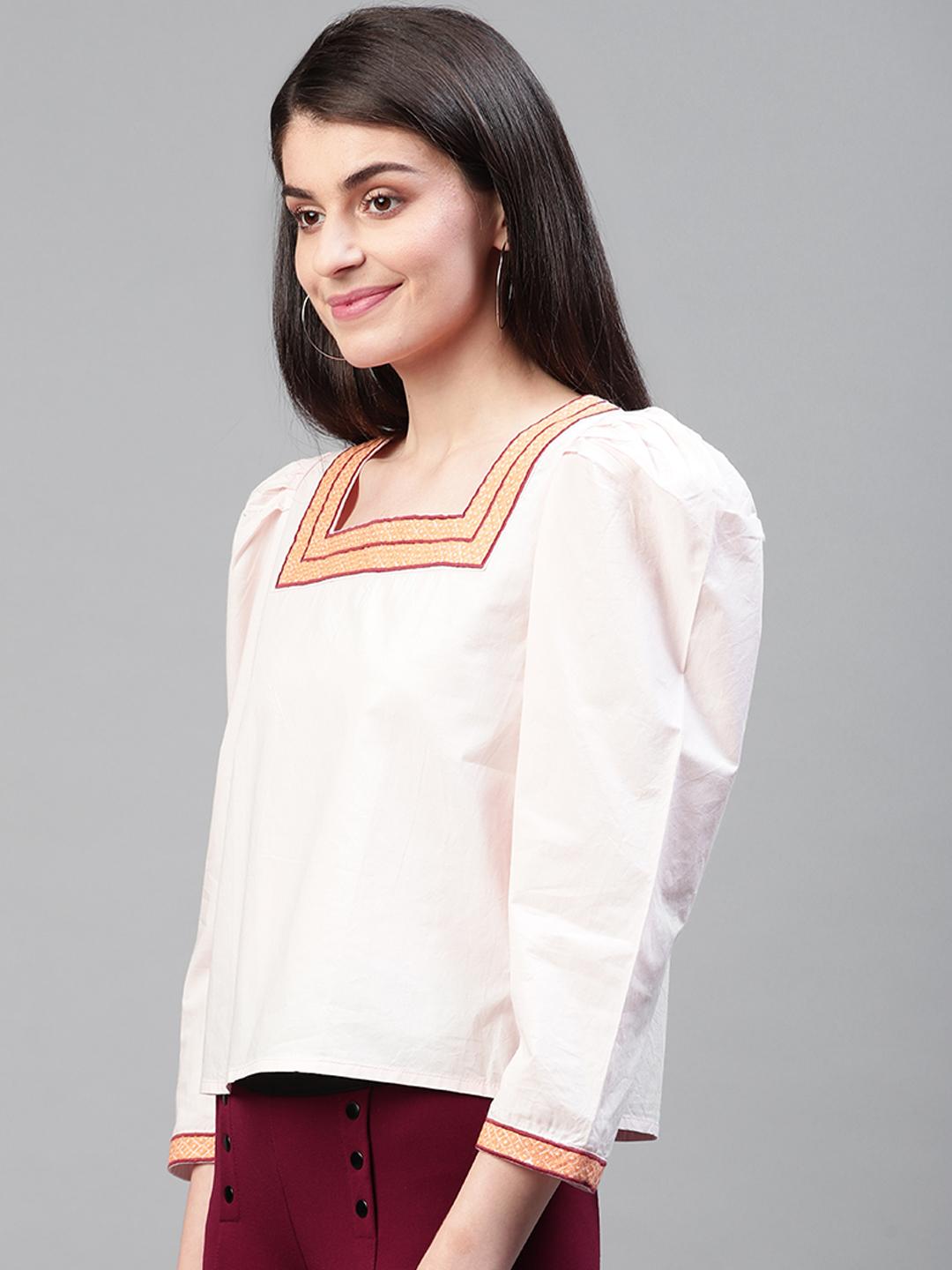 Pink Embroidered Solid Puff Sleeves Top