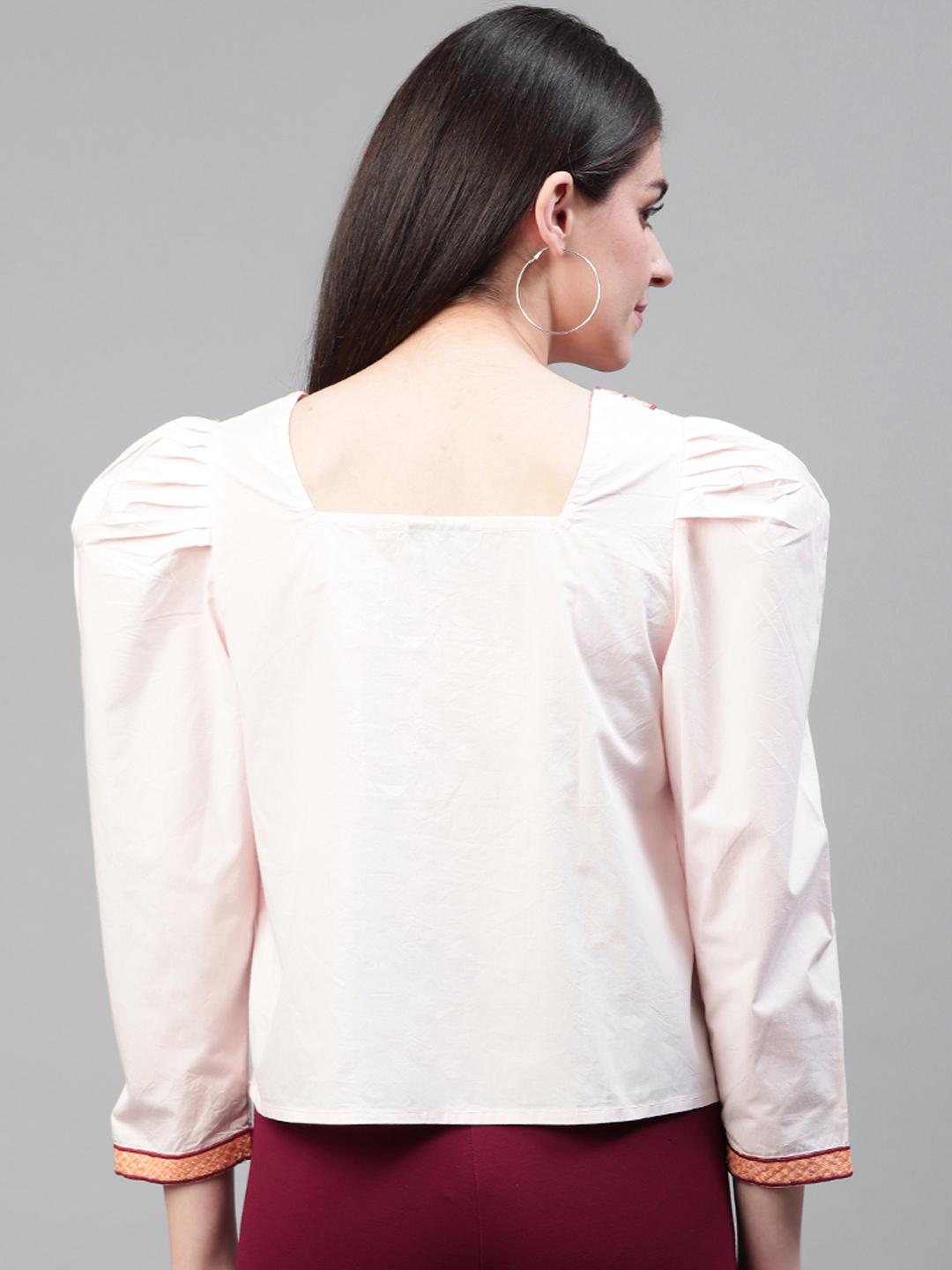 Pink Embroidered Solid Puff Sleeves Top
